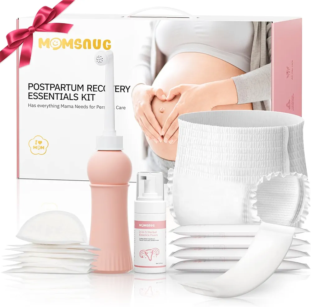 Postpartum Recovery Essentials Kit, Labor Delivery Mom Care Kit Includes Peri Bottle, Self-Absorbent Disposable Underwear, Perineal Ice Packs, Disposable Nursing Pads, Cooling Foam, Canvas Bag