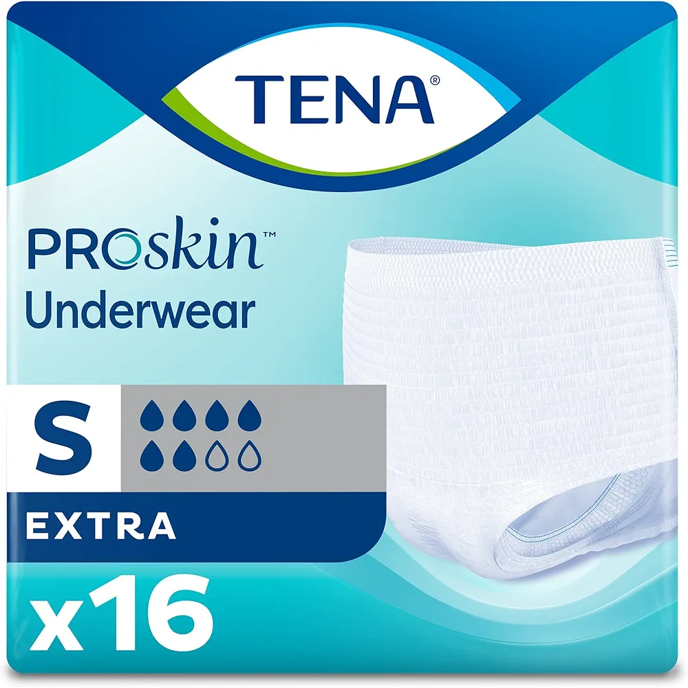 TENA Extra Disposable Unisex Adult Absorbent Underwear, Small, 16 Count