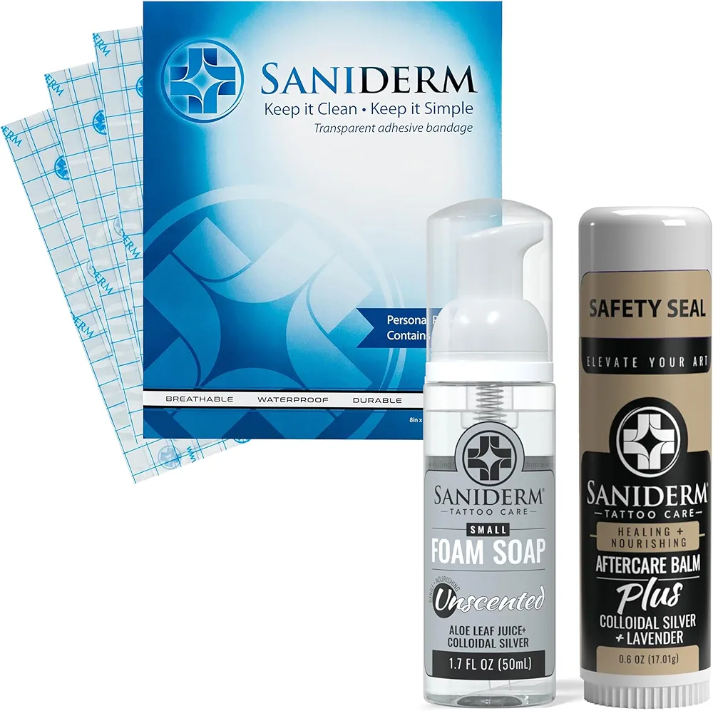 Saniderm Tattoo Aftercare (BUNDLE) – Tattoo Aftercare Bandages (3 Sheets) + Foaming Tattoo Soap + Tattoo Aftercare Balm PLUS+