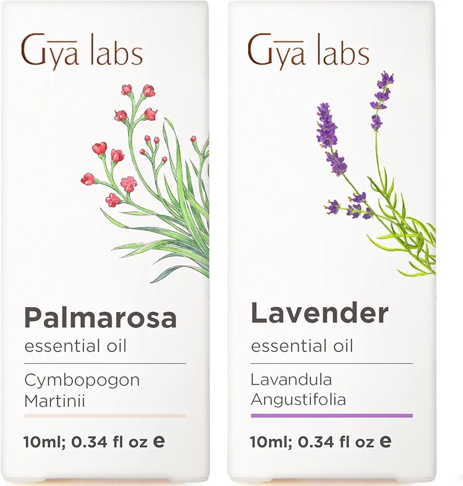 Palmarosa Essential Oil for Diffuser & Lavender Oil Essential Oil for Diffuser Set - 100% Natural Aromatherapy Grade Essential Oils Set - 2x0.34 fl oz - Gya Labs