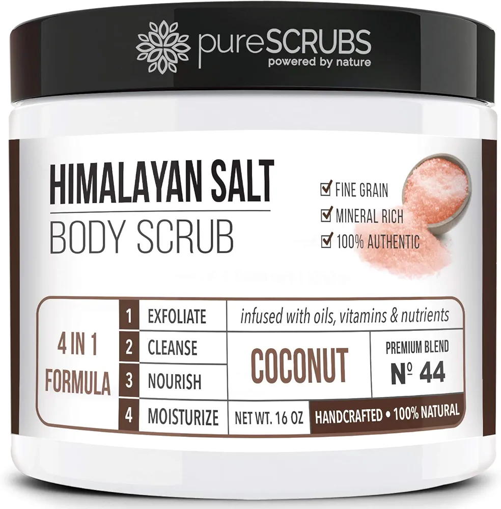 pureSCRUBS Premium Pink Himalayan Salt Body Scrub Set - Large 16oz COCONUT SCRUB, Organic Essential Oils & Nutrients INCLUDES Wooden Stirring Spoon, Loofah & Mini Exfoliating Bar Soap