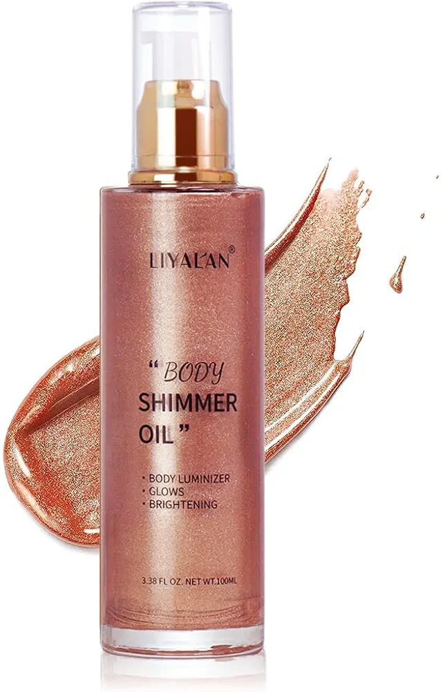 Liyalan Shimmer Body Oil Rose Gold 5 Color Bronze Face Glow Pearl Highlighter Illuminator body Makeup Shine Glitter Gold Liquid Taning(3.38 Fl Oz/05)