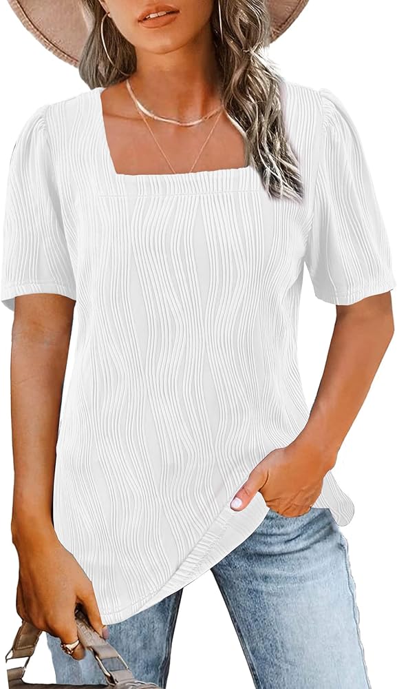 Womens Tops Casual Puff Short Sleeve Tshirts Square Neck Solid Blouses Side Slit Loose Fit Basic Tee