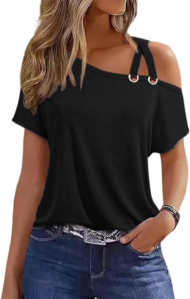 VKEGNIO Criss-Cross One Shoulder Tops Sexy Cold Shoulder Shirts Summer Short Sleeve T-Shirts Vacation Loose Casual Tees