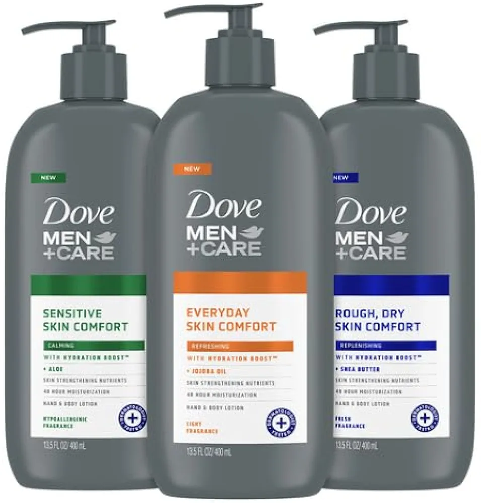 Dove Hand & Body Lotion, Men+Care Variety Pack – Rough Dry Skin Comfort with Shea Butter, Sensitive Skin Comfort with Aloe Vera, Everyday Skin Comfort with Jojoba Oil, 13.5 Oz Ea (3 Piece Set)