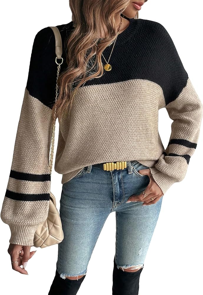 SOLY HUX Women's Color Block Long Sleeve Sweater Drop Shoulder Crew Neck Pullover Tops