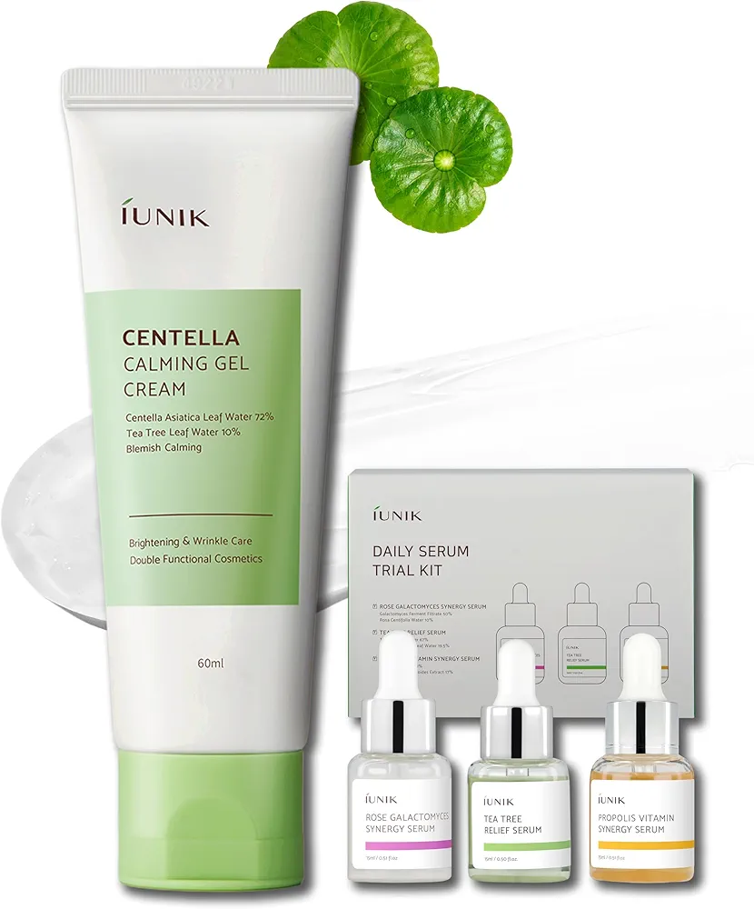 IUNIK Centella Calming Gel Cream & Daily Serum Trial Kit - Rose Galactomyces Synergy Serum, Tea Tree Relief Serum, Propolis Vitamin Synergy Serum for All Skin Types Korean Skincare