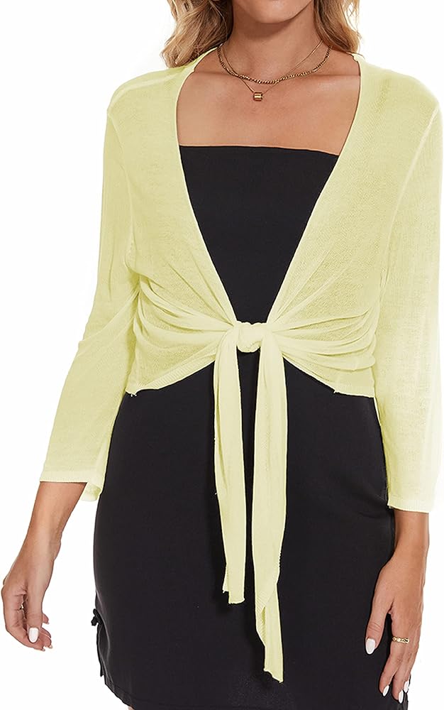 Women's Tie Front Bolero Cardigan Shrug Sweater 3/4 Sleeve Knotted Lightweight Short Shawl Top