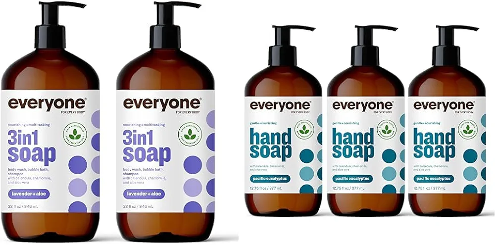 Everyone 3-in-1 Soap, Body Wash, Shampoo Bundle with Hand Soap, Eucalyptus (Packs of 2 and 3)