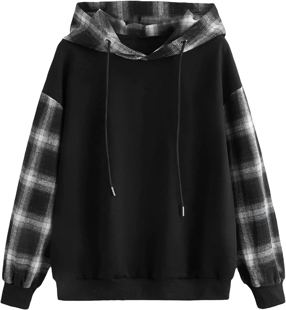 Verdusa Women's Colorblock Plaid Long Sleeve Drawstring Hoodie Top Sweatshirts Black XS