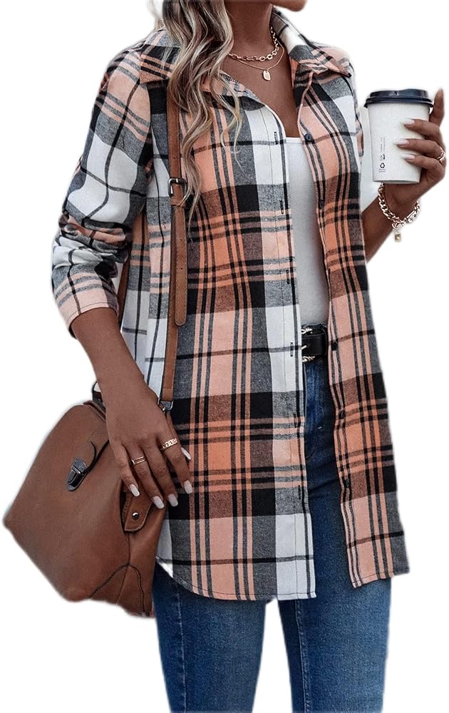 Tops,Tees & Blouses for Women Plaid Print Curved Hem Shirt