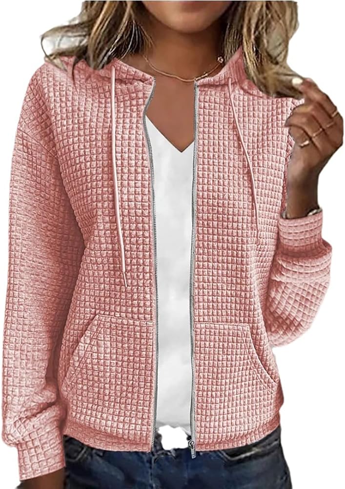 Women's Waffle Zipper Hoodie Casual Loose Long Sleeve Drawstring Hoodie Fall Winter Jacket with Pocket