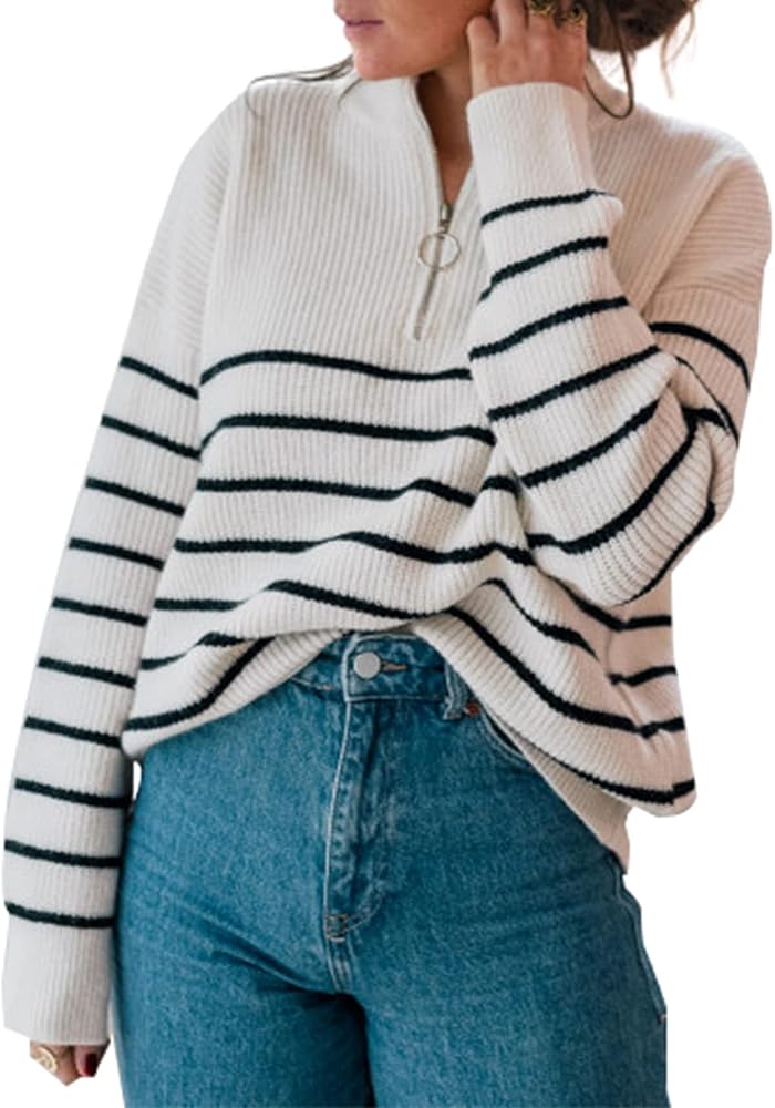 Amkoyam Women's Striped Sweaters 2023 Long Sleeves Knitted Casual Pullovers Loose Shirt Tops with Button Fall Winter