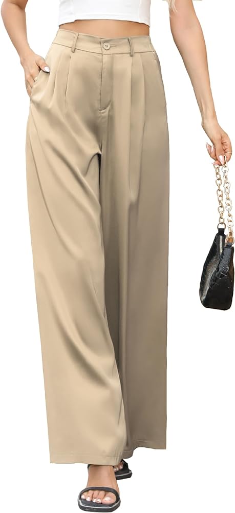 LYHNMW Women's Satin High Waist Dress Pants & Palazzo Wide Leg Pants for Women, Long Straight Flowy Trousers with Pockets.