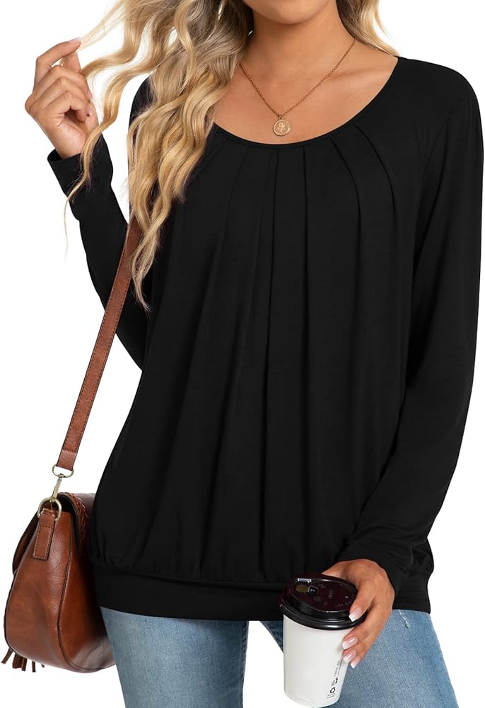 Anymeet 2024 Womens Fall Winter Tunic Tops Long Sleeve Casual Tshirt for Leggings Pleated Loose Blouses