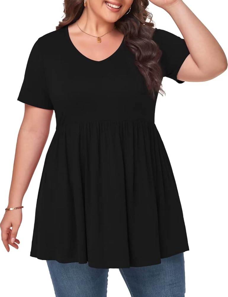 MONNURO Womens Plus Size Tops Cute Babydoll T Shirts Peplum Tunic Tops Loose Fit V-Neck Short Sleeve Blouse