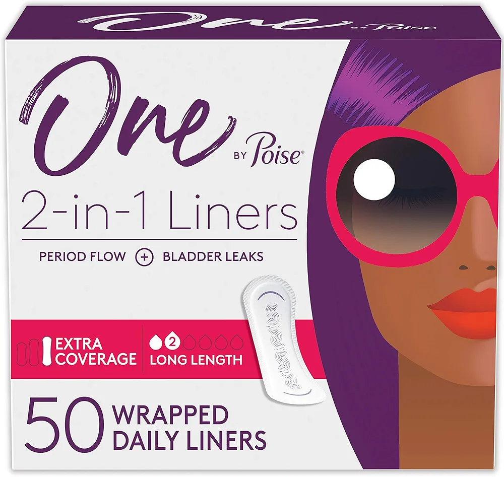 One by Poise Panty Liners (2-in-1 Period & Bladder Leakage Daily Liner), Long, Extra Coverage for Period Flow, Very Light Absorbency for Bladder Leaks, 50 Count"