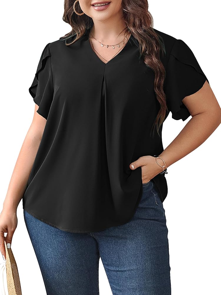 SCOMCHIC Women Plus Size Dressy Casual Business Work Blouses Tops Summer V Neck Cute Loose Petal Short Sleeve T-Shirts