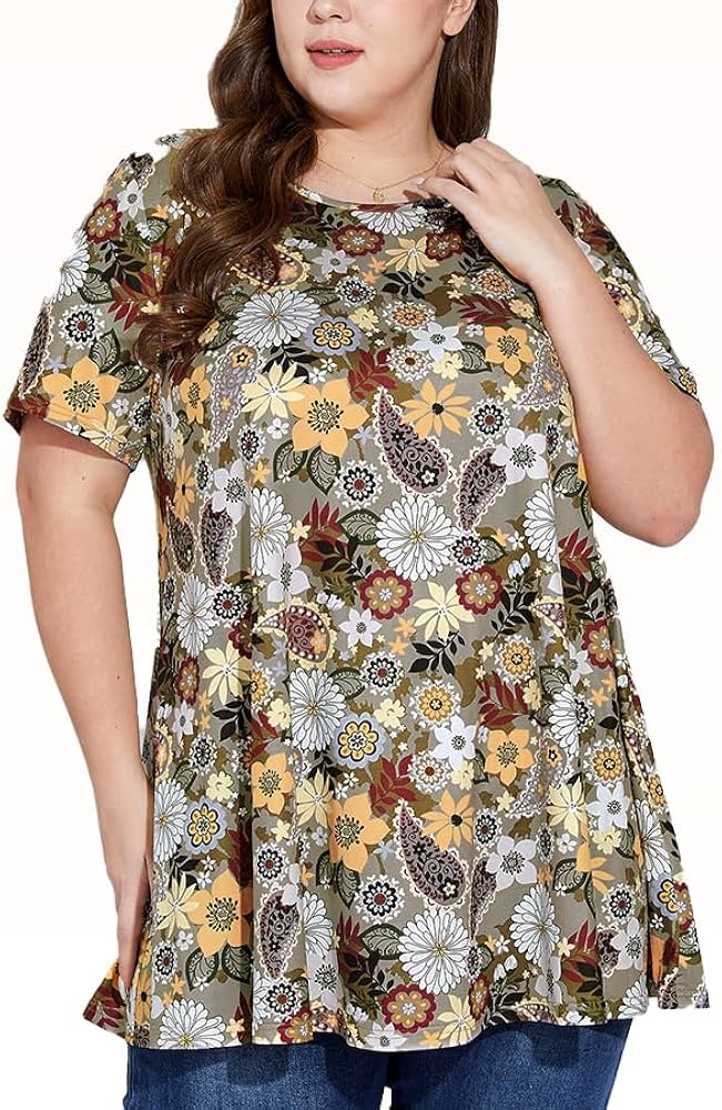 Women's Plus Size Tunic Top Short Sleeve Casual Summer Blouse Flowy Swing Flare Tops Loose Fit Shirt XL-6XL