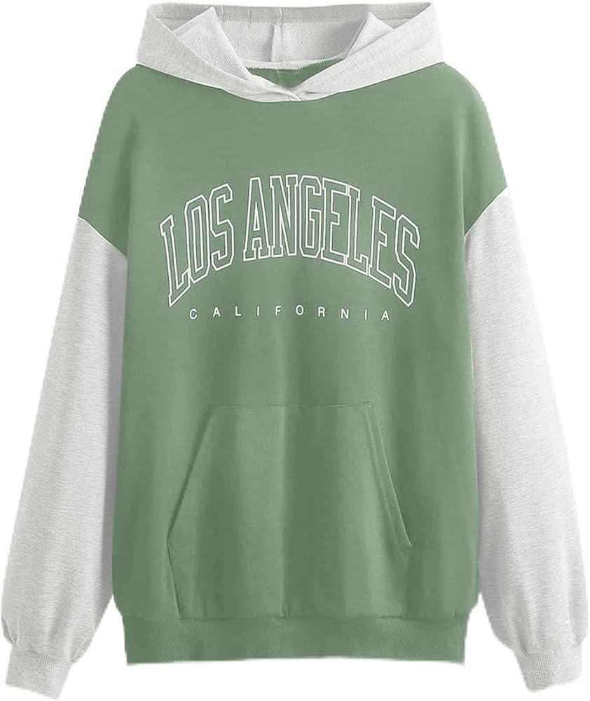 Hilinker Women's Cute Graphic Hoodie Color Block Sweatshirts Long Sleeve Drawstring Pullover Green Los Angeles Large