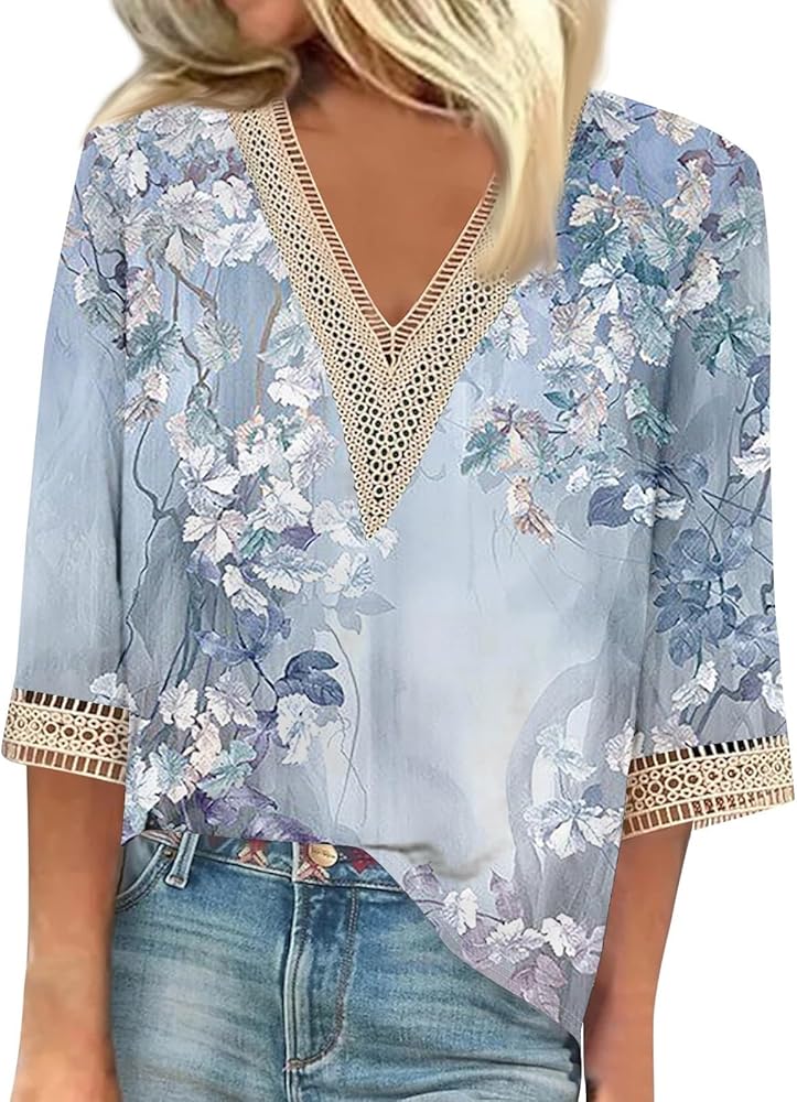 Womens Workout Tops,Womens Summer Tops 3/4 Length Sleeve Tops 2024 Graphic Tees Women Lace Going Out Tops