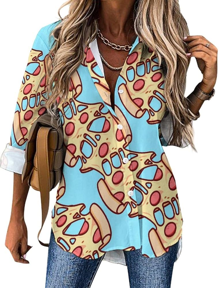 Pizza Pattern Classic Shirts for Women Long Sleeve Blouse Casual V Neck Tee Tops Work Office