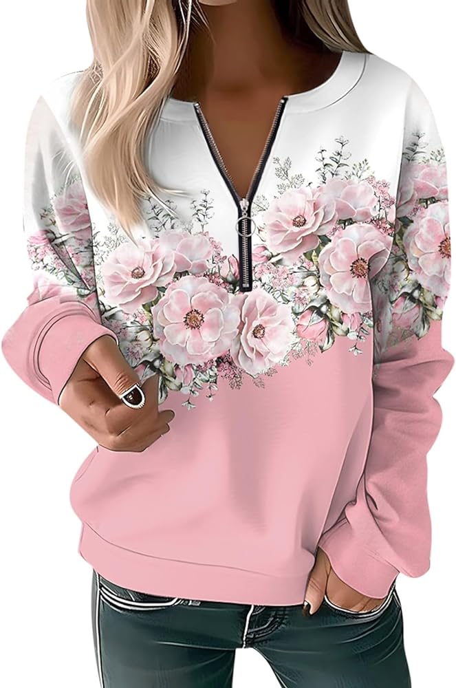 KIKX0DE Womens Fall Fashion 2024 Petite Sweatshirts Floral Half Zip Casual Pullovers Lightweight Long Sleeve Tops