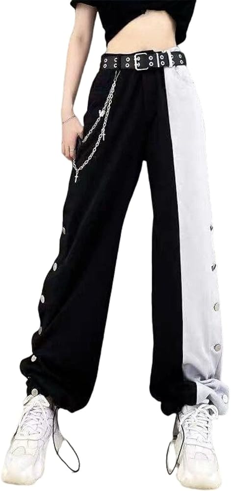 BXCNCKD Harajuku Pants Women Fashion High Waist Straight Pants Black and White Colorblock Wide Leg Pants Gothic Clothes