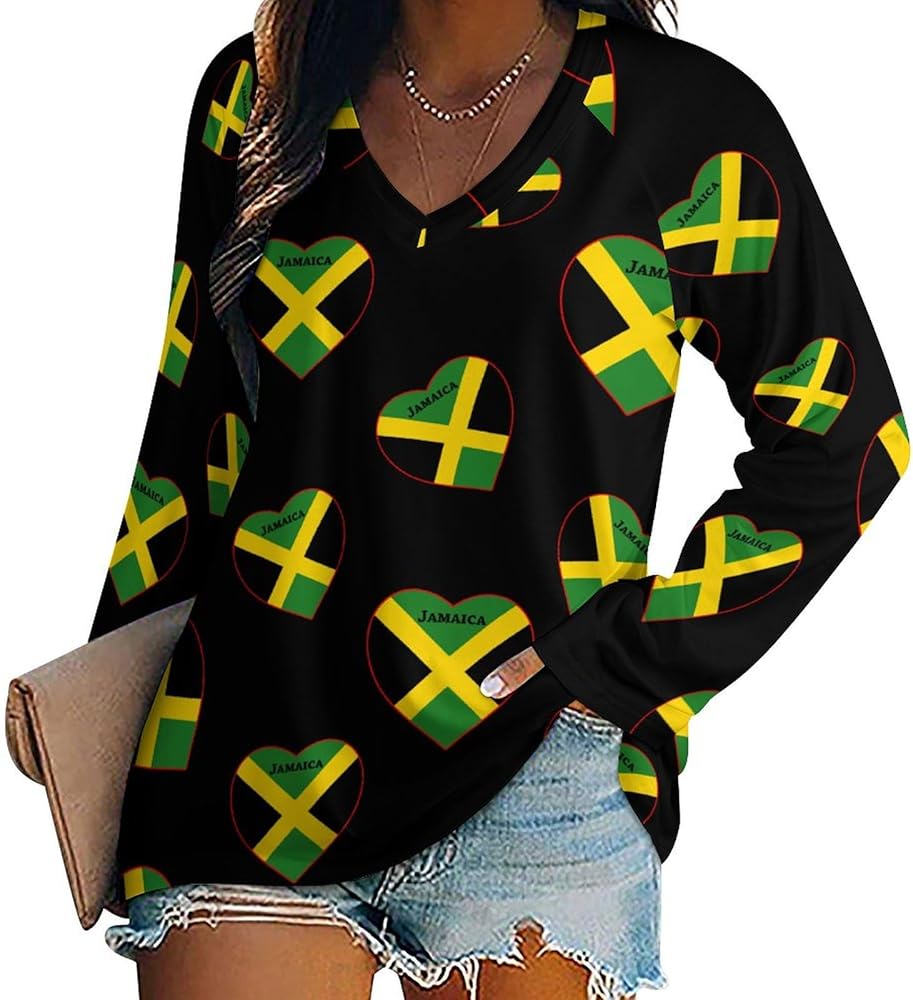 Jamaica Flag Heart Loose Womens Shirts Long Sleeve Tees Tops Casual V-Neck Graphic Blouses