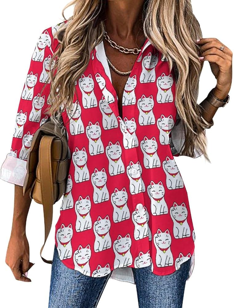 Japanese Maneki-Neko Cat Classic Shirts for Women Long Sleeve Blouse Casual V Neck Tee Tops Work Office