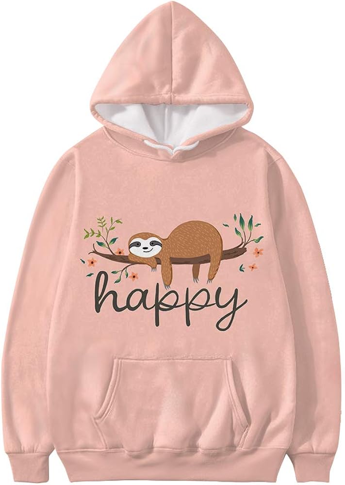 WELLFLYHOM Happy Sloth Sweatshirts Cute with Pockets and Sayings Hooded Pullover Hoodie for Women Teen Girls Fashion Long Sleeve Loose Jumper Jacket Lightweight Tunic Tops Size 3XL Pink