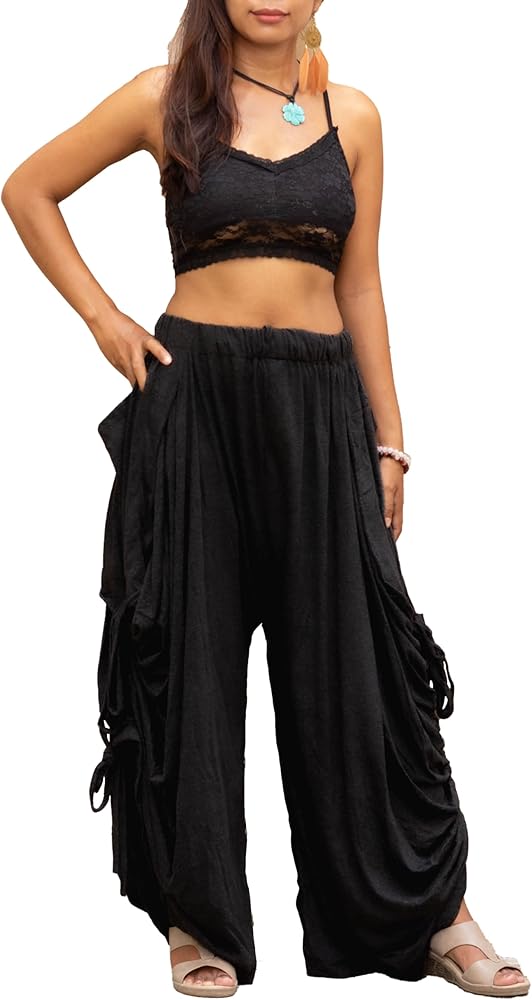 Women's Palazzo Pants Wide Leg Lounge Convertible Maxi Skirt with Pockets Casual Comfy Trousers (Solid Black)