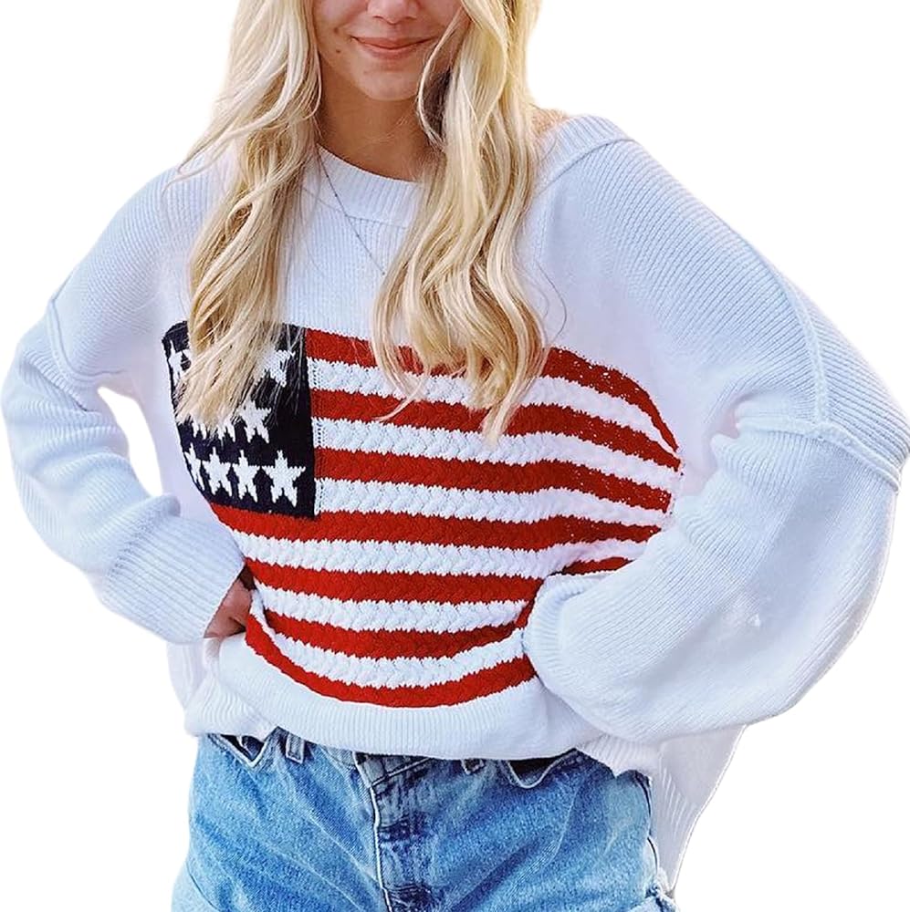 KMBANGI Women American Flag Sweater Graphic Loose Vintage Long Sleeve Crewneck Knitted Jumper Top Patriotic Pullover