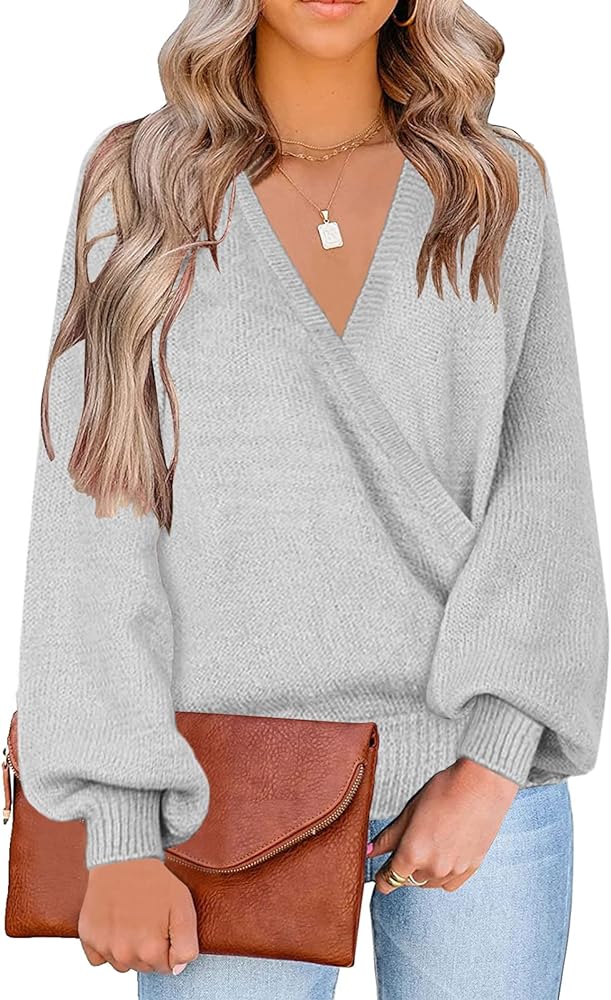 LookbookStore Women's Knit Long Sleeve Faux Wrap Surplice V Neck Sweater Top