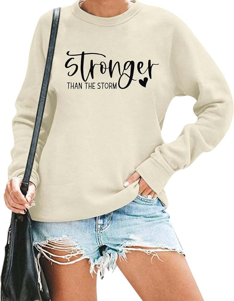 KIDDAD Christian Shirts Women Stronger Than The Storm Sweatshirts Inspirational Pullover Cute Heart Long Sleeve Sayings Tops