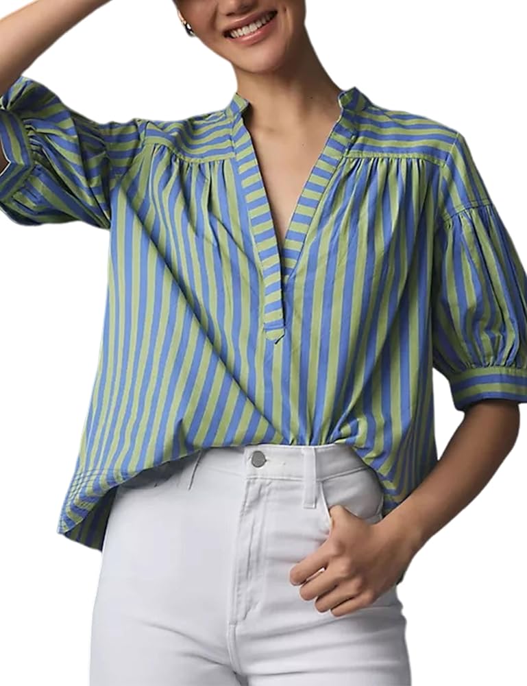 Womens Summer Pleated V Neck T Shirts Short Sleeve Casual Loose Blouses Striped Tunics Swing Top(Blue-M), Medium