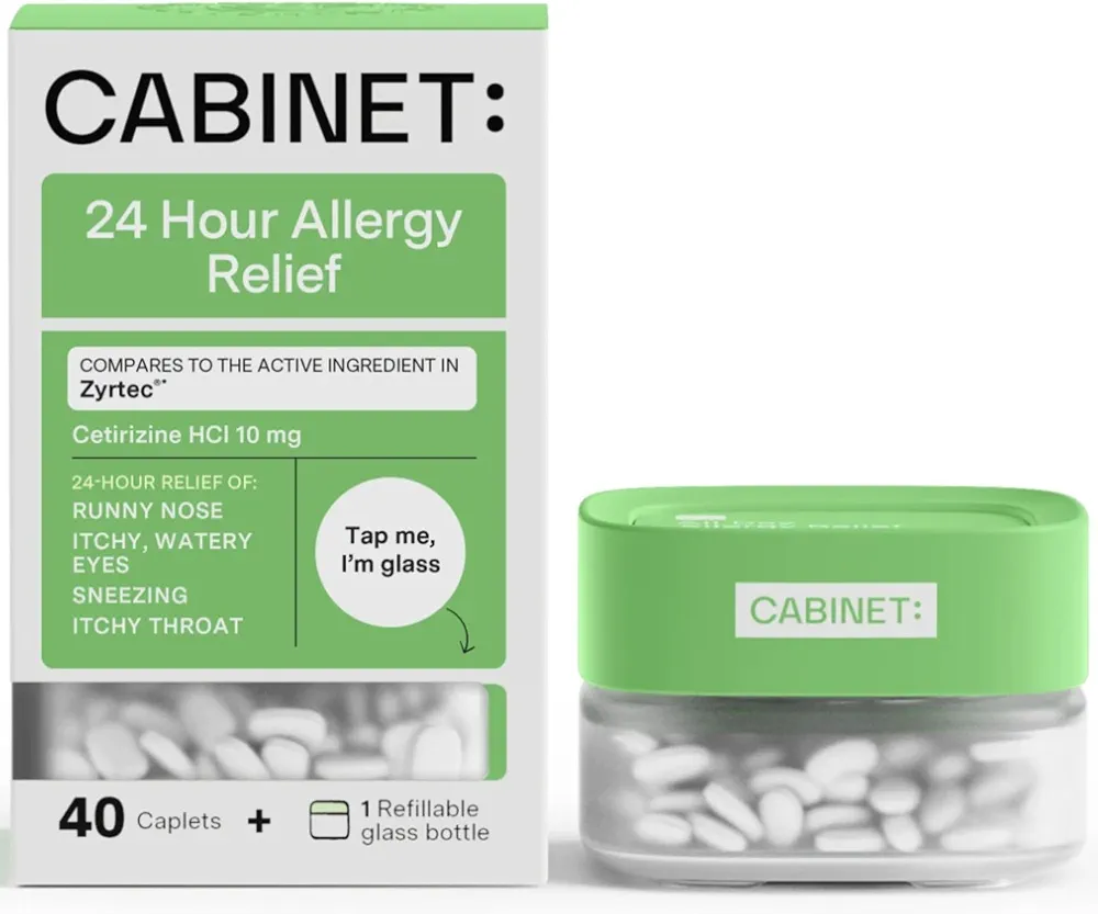 Cabinet: All Day Allergy Relief Cetirizine 10mg for Non-Drowsy Relief from Common Allergy Symptoms 40 Tablets (Refillable Glass Jar)