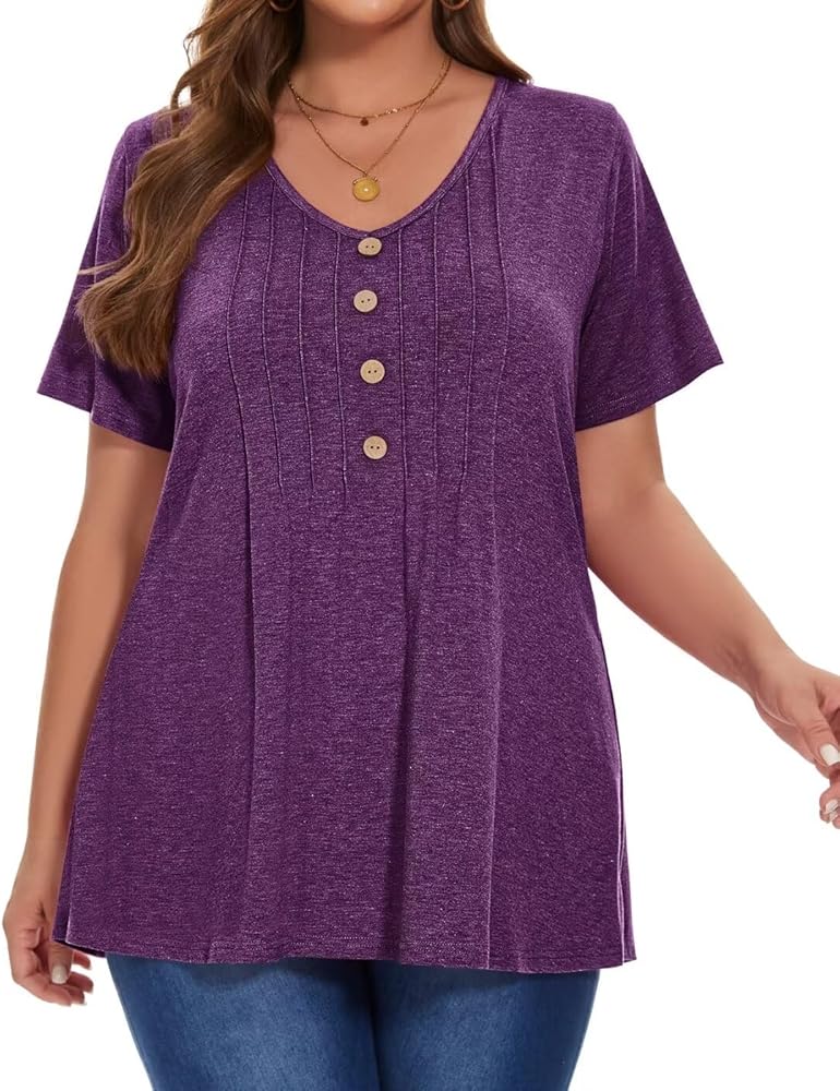 MONNURO Womens Plus Size Tops Casual Short Sleeve T-Shirts V Neck Pleated Button Trendy Tunic