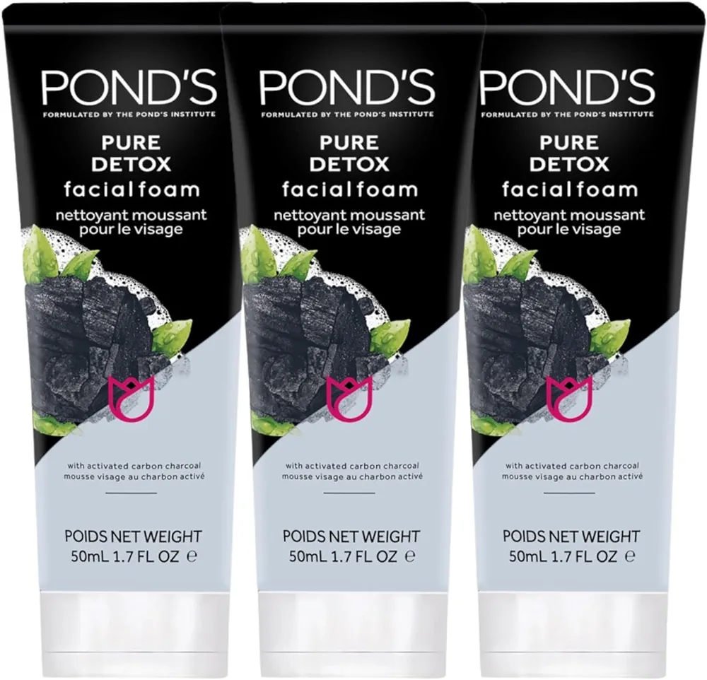 Pond's Pure Detox Facial Foam, Deep Cleansing with Activated Charcoal, Facial Wash, 3- Pack of 1.7 Oz Each