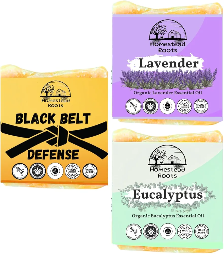 Sample Pack- Black Belt Defense-Lavender-Eucalyptus - Grass-Fed Beef Tallow and Organic Oils - Scented with Organic Essential Oils - Artisanal Bar Soap - 3 Pack - Each Bar Unique- (Sample Pack)