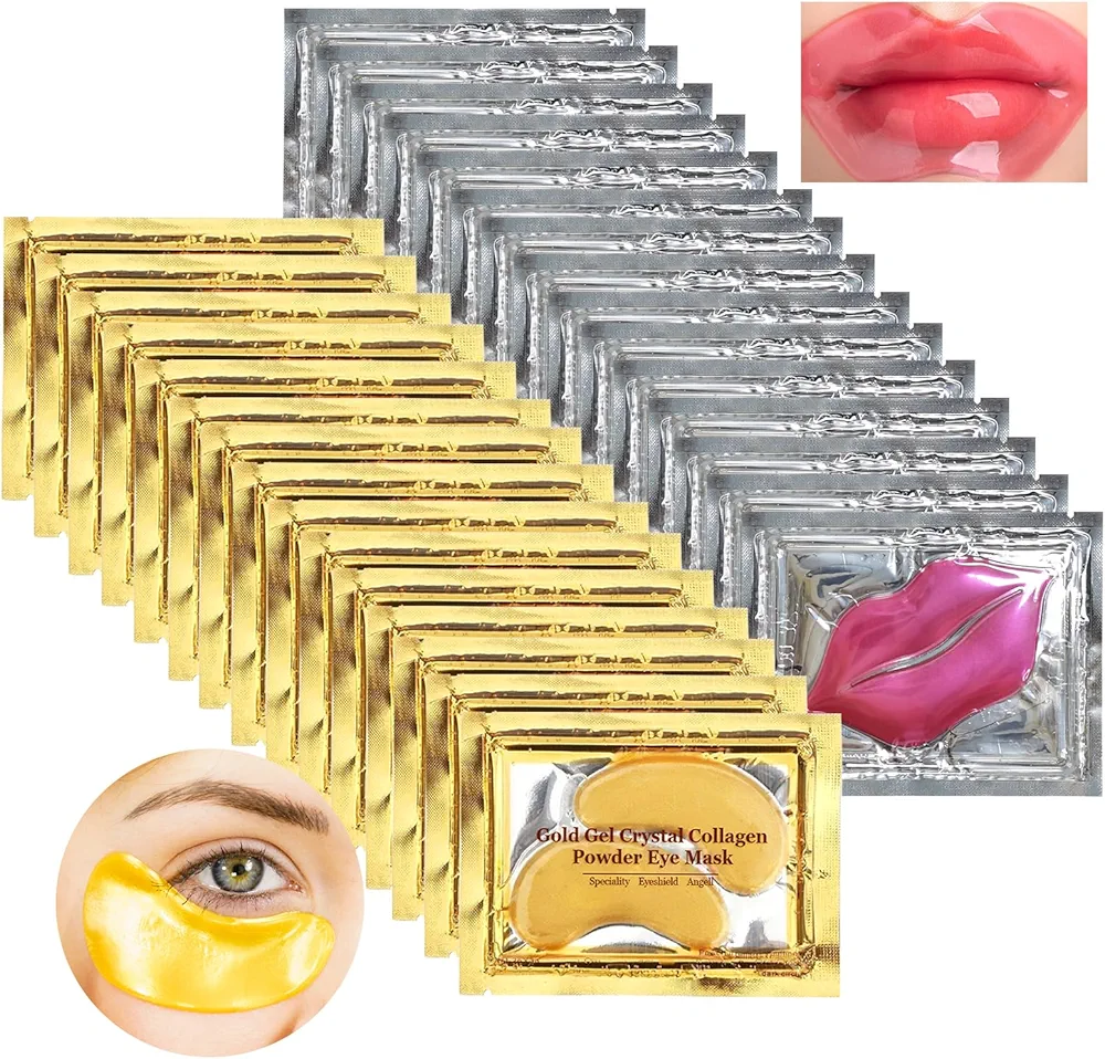 15 Pairs Collagen Crystal Eye Mask and 15 Pcs Collagen Crystal Lip Mask, Under Eye Patches and Lip Pads,Collagen Crystal Mask Set for Moisturizing, Reducing Fine Lines & Dark Circles (Gold and Pink)