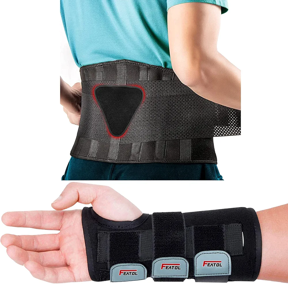 FEATOL Bundle of Wrist Brace for Carpal Tunnel with Back Brace for Back Pain Relief, Herniated Disc, Sciatica