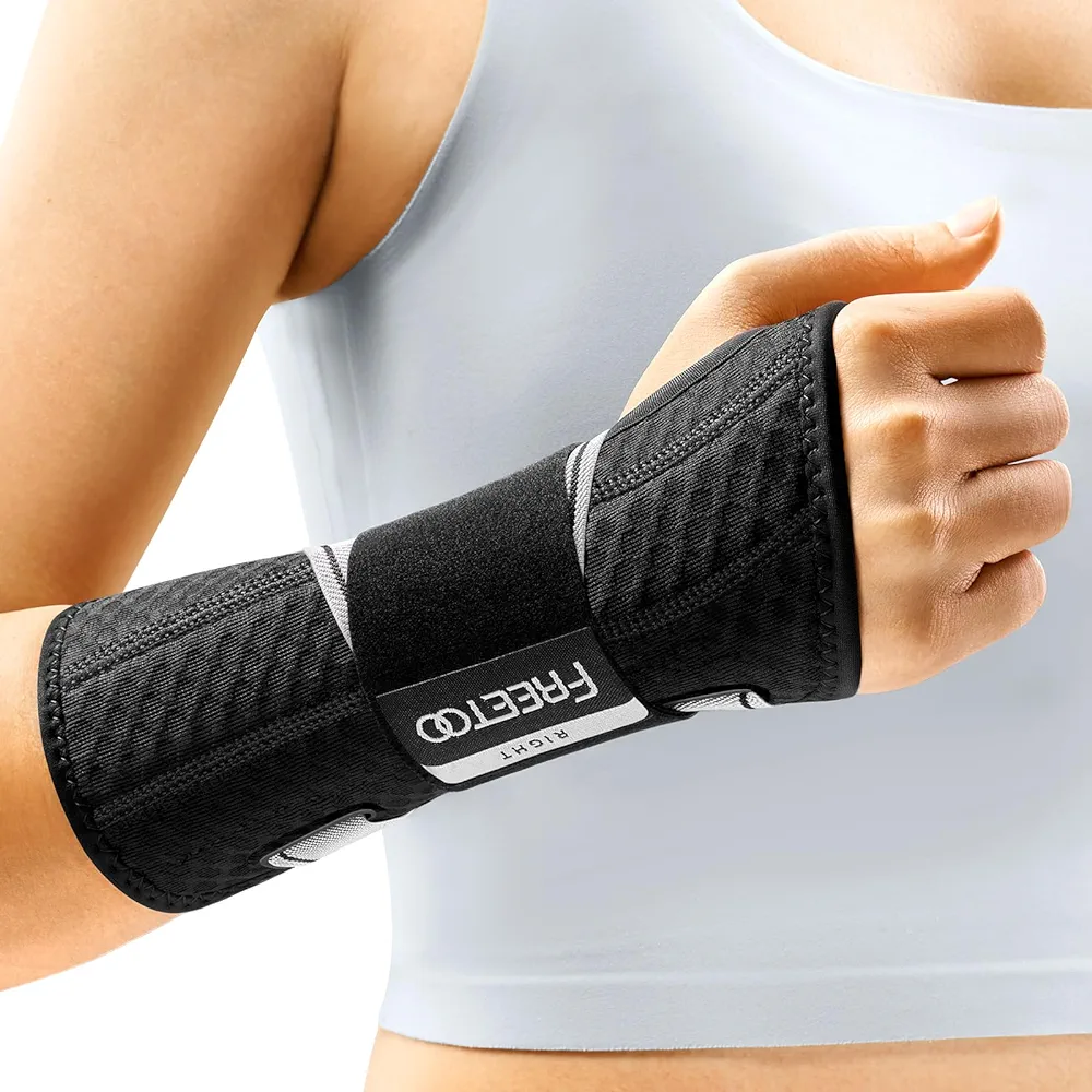 FREETOO Carpal Tunnel Wrist Brace for Pain Relief, One Hand-Pull Wrist Night Support for Sleeping with S-shaped Splint, Lightweight Hand Brace for Women Men, Black/Medium Gray(Right Hand, S/M)