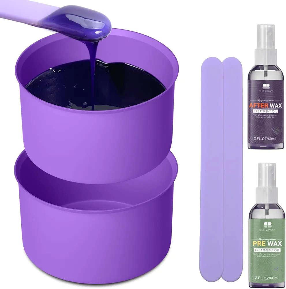 BLITZWAX 2 Silicone Wax Pot Liners for Hair Removal Purple Wax Warmer Bowls and Wax Sticks Kit for Women Men Body Waxing, Reusable Waxing Accessories Compatible with 16 oz Waxing Kit - Easy to Clean