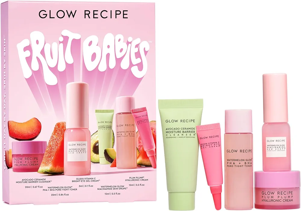 Glow Recipe Fruit Babies Skincare Kit - Gift Set with Ceramide Facial Cleanser, BHA Toner, Vitamin C Eye Cream, Hyaluronic Acid Cream & Niacinamide Dew Drops (5 Count)