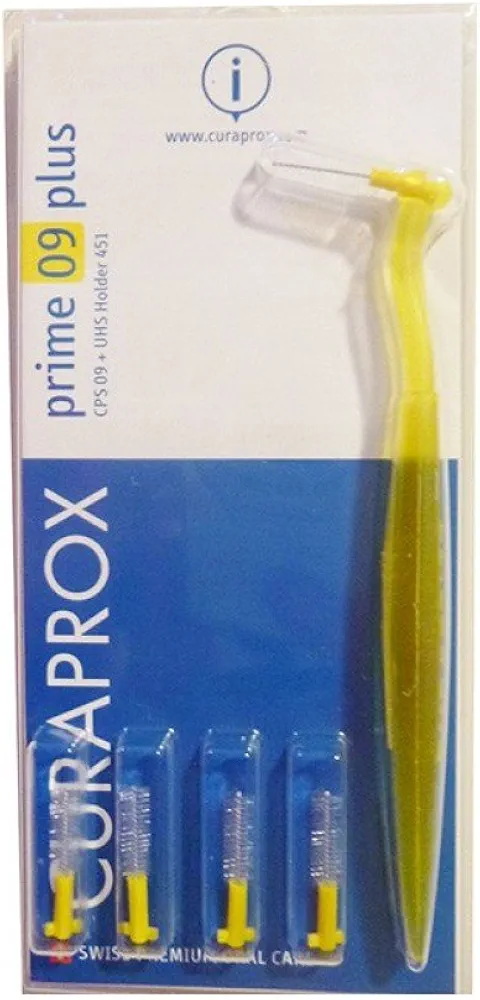 Curaprox CPS 09 Prime Plus Interdental Brushes Set, 5 interdental brushes CPS 09 + 1 holder UHS 409, 0.9 mm to 4 mm, Yellow