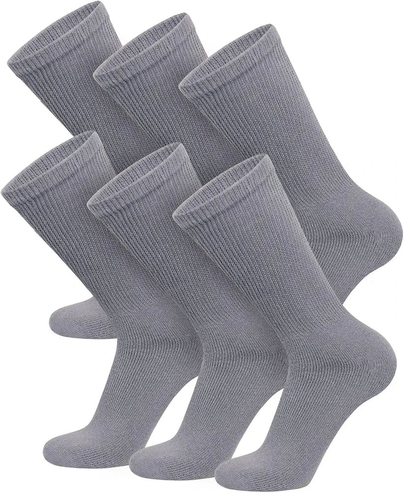 6 Pairs of Cotton Diabetic Non-Binding Neuropathy Crew Socks (Gray, Fits Mens Shoe Size 9-12/Womens Shoe Size 10-13)