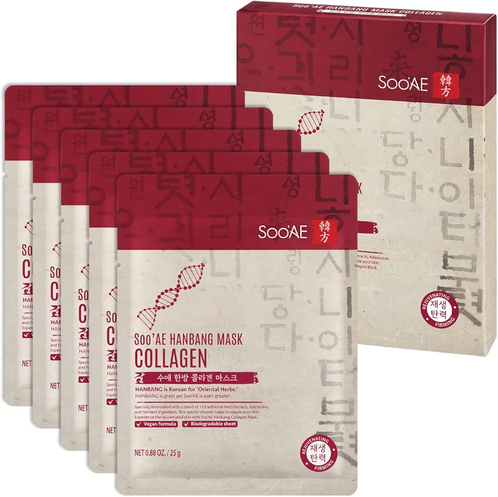 Soo'AE Hanbang Mask - Collagen (Rejuvenating & Firming), Hyaluronic Acid (Hydrating & Moisturizing), & Cica (Soothing & Calming), 1/5 Count (5 Count, Collagen)