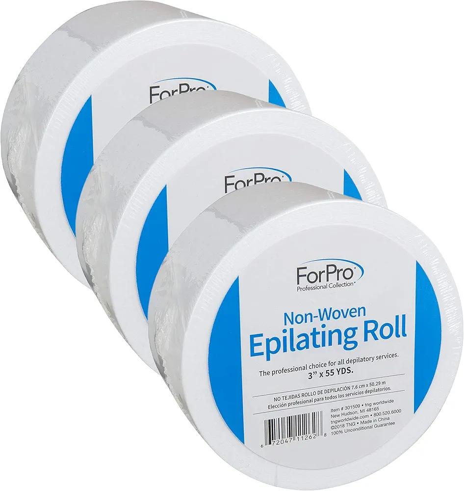 ForPro Non-Woven Epilating Roll for Body and Facial Hair Removal, Tear-Resistant, Lint-Free, 3” x 55 Yards, White (Pack of 3)