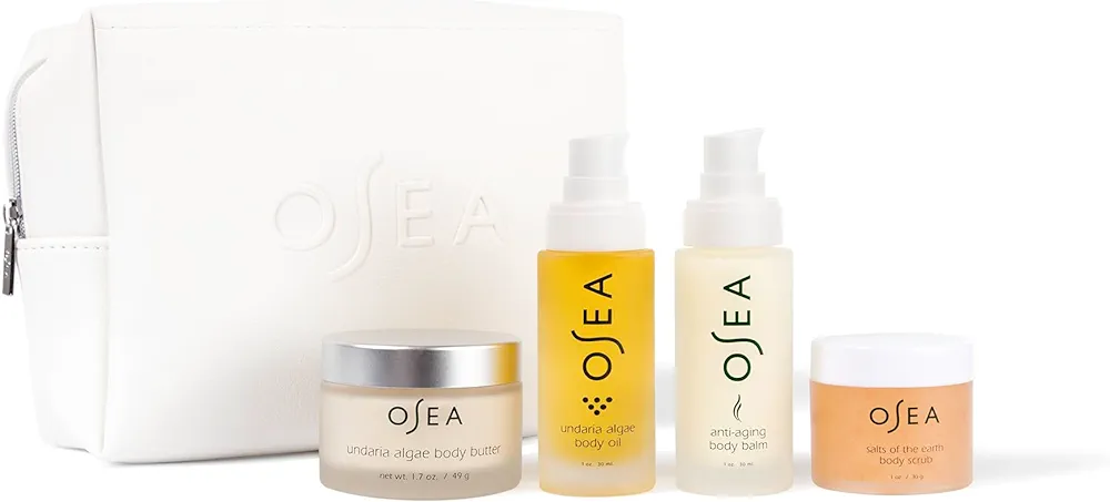 OSEA Bestsellers Bodycare Set - Pamper with a 4-piece Body Care Kit - Vegan Leather Pouch with Body Oil, Body Scrub, Body Balm, Body Butter - Clean Beauty - Ideal for Beauty Gifts - Travel Set Ready